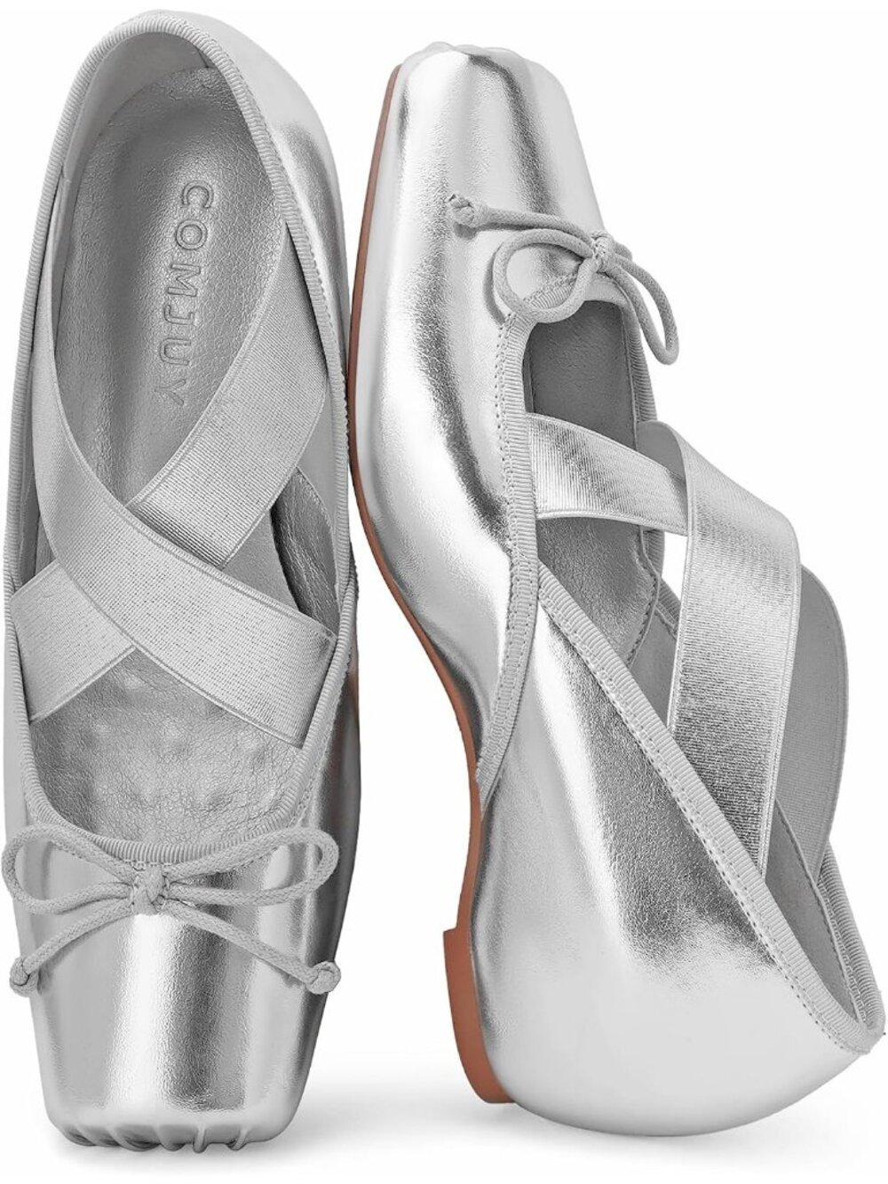 Women's Silver Square Toe Soft Strap Low Wedge Comfortable Walking Ballet Flats